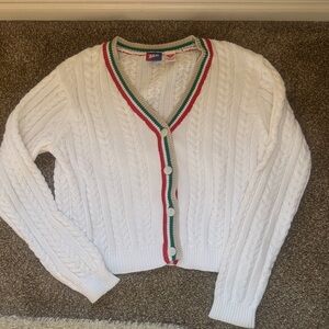 Vintage Tail Women's White Tennis Cardigan with Red and Green Accents